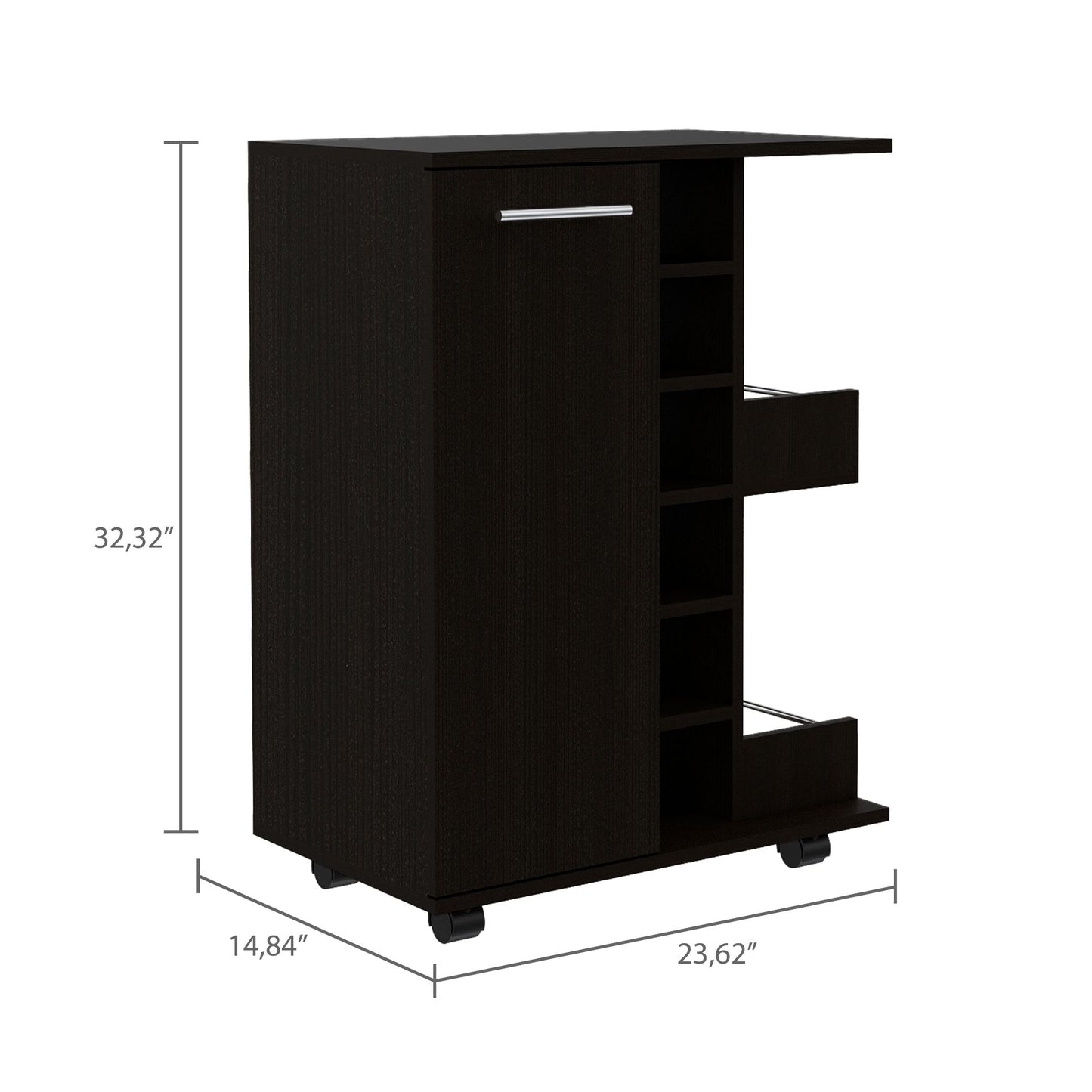 Dark brown mobile bar cart with silver handle and wine rack shelves
