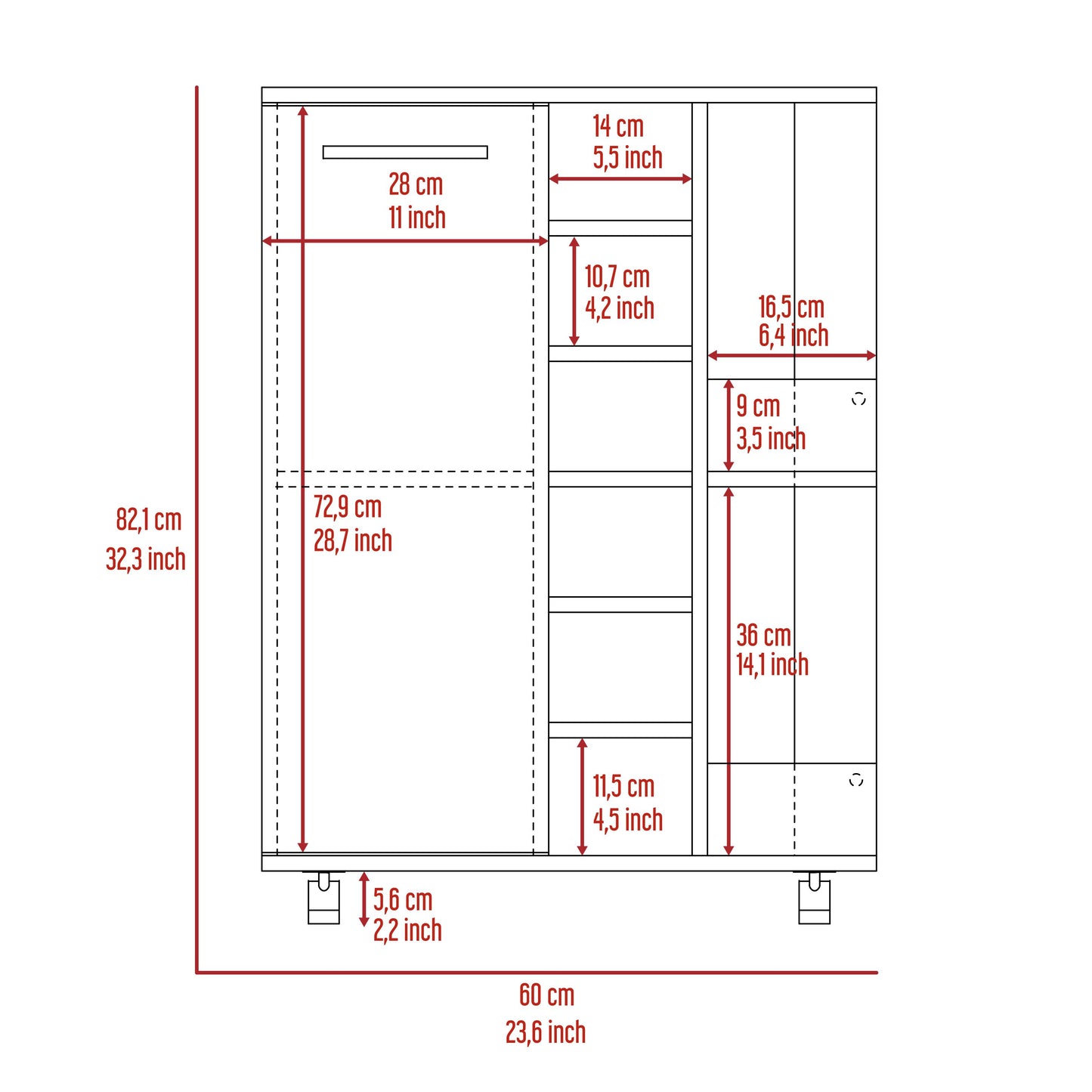 Diagram of a white cabinet with dimensions for overall unit cm x cm and interior compartments