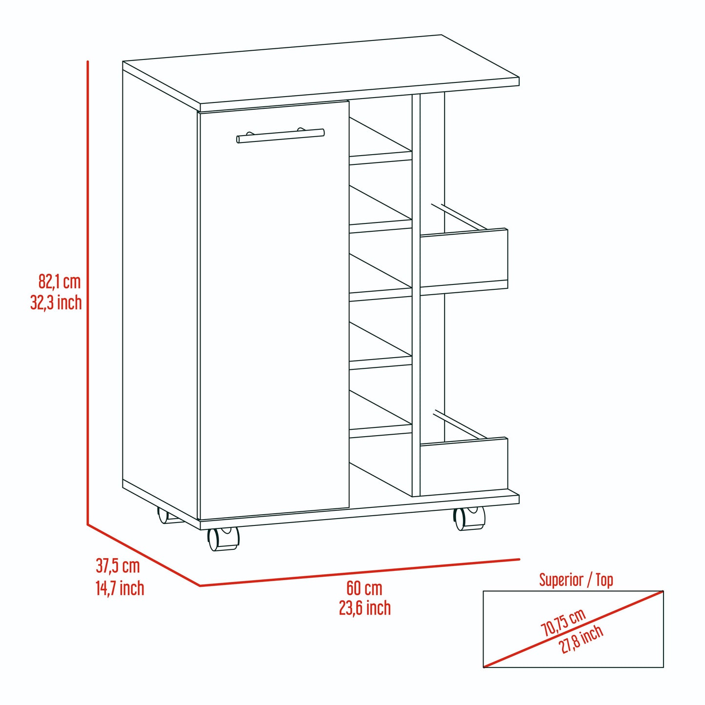 Outline drawing of a compact kitchen cart with a drawer and open shelving