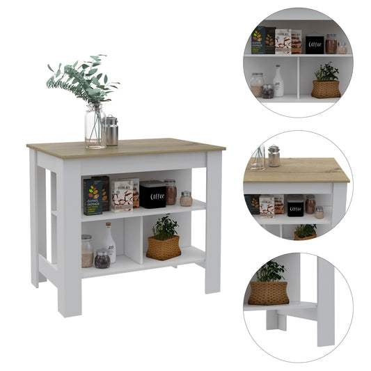 White and wood kitchen island with three shelves