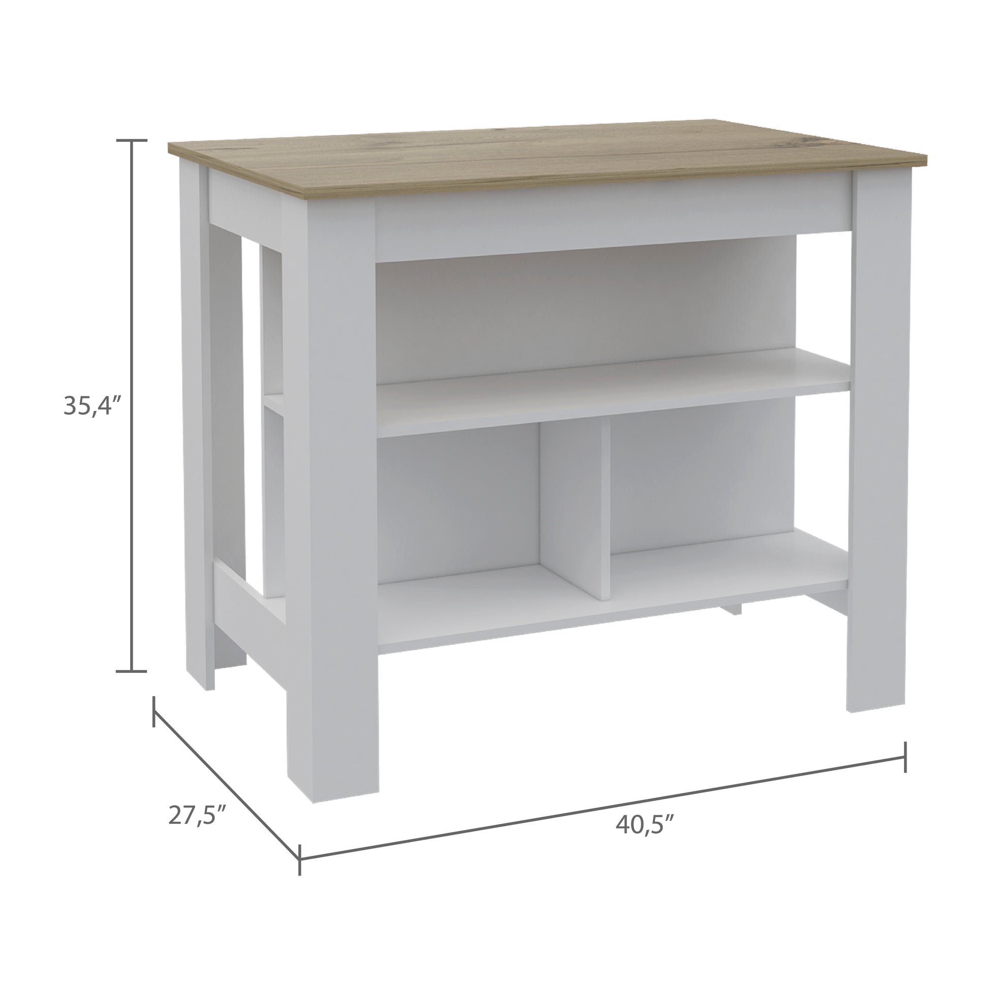 White and wood kitchen island with open shelving