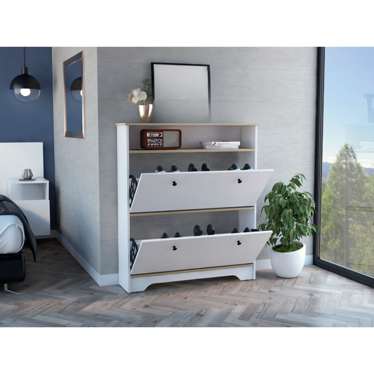 White entryway shoe cabinet with two flipout doors