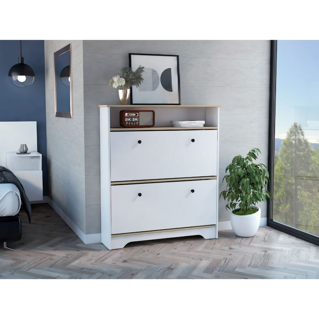 Modern white twodoor shoe cabinet with light wood accents and black knobs