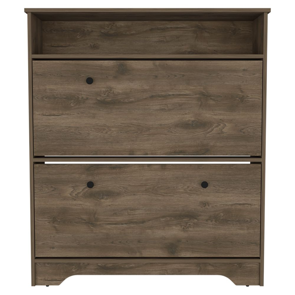 Rustic brown wood shoe cabinet with two flipdown doors and open top shelf