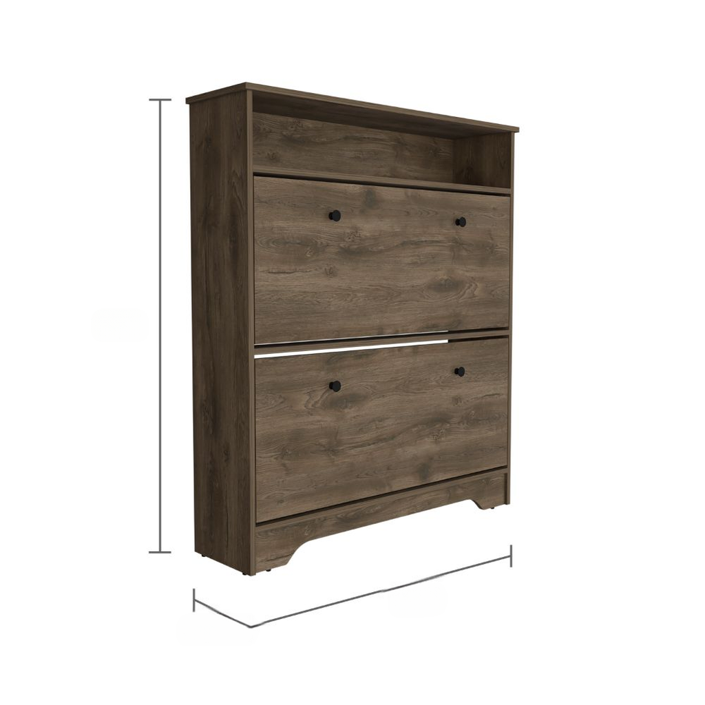 Wooden shoe cabinet with two flipdown doors and top shelf