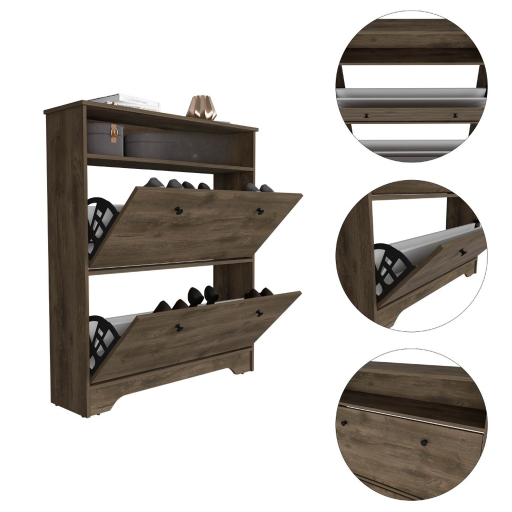 Rustic brown wood shoe cabinet with two flipdown drawers