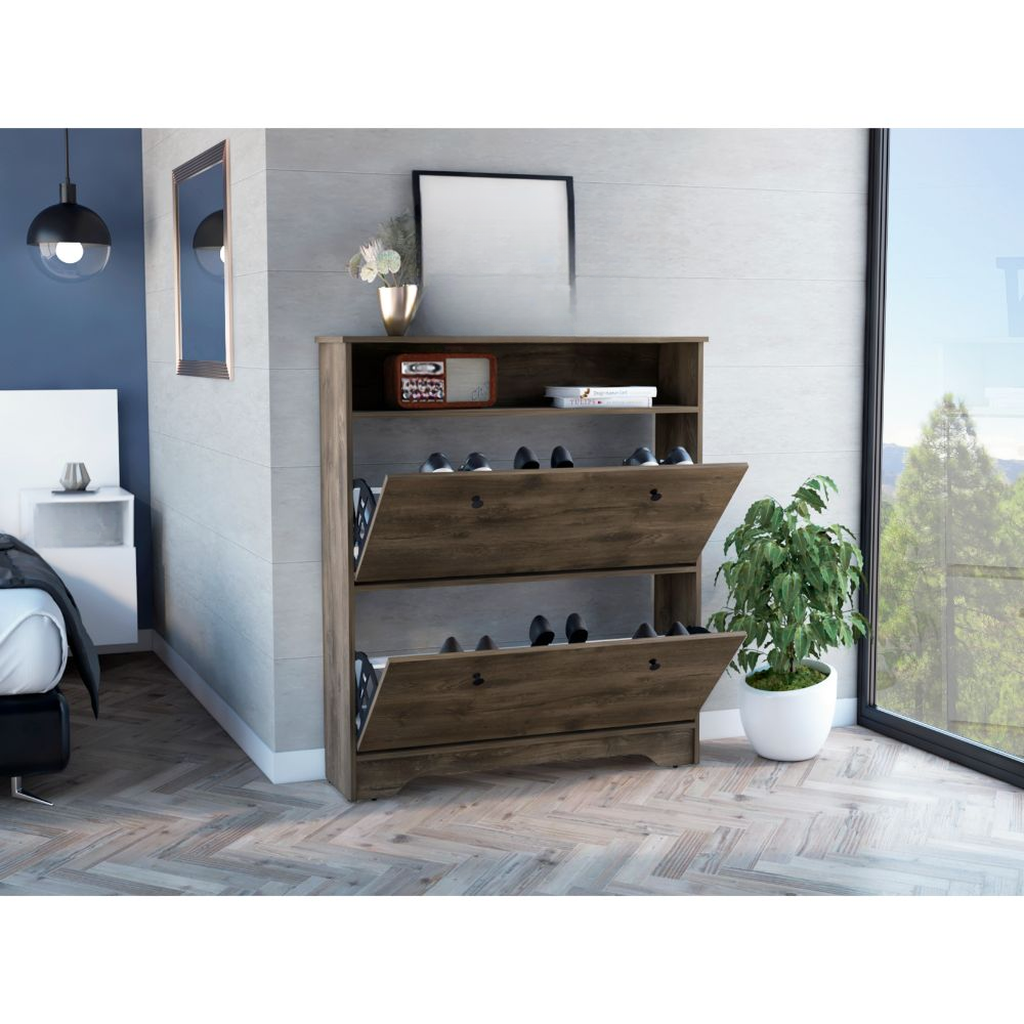 Rustic brown wood shoe cabinet with two flipout drawers and top shelf storage