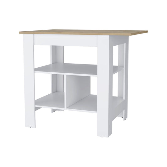 White kitchen island with light wood top and storage shelves