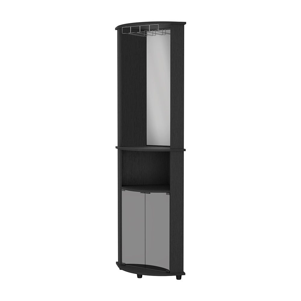 Dark wood corner cabinet with mirrored doors and wine glass rack