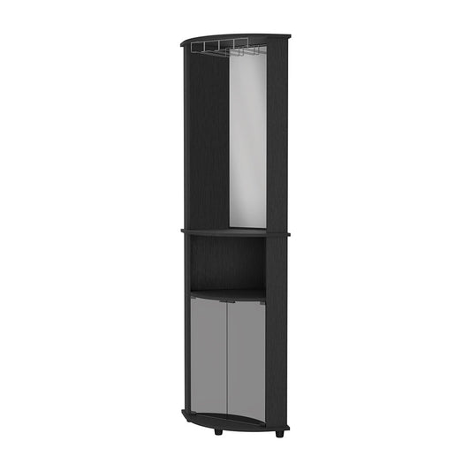 Dark wood corner cabinet with mirrored doors and wine glass rack