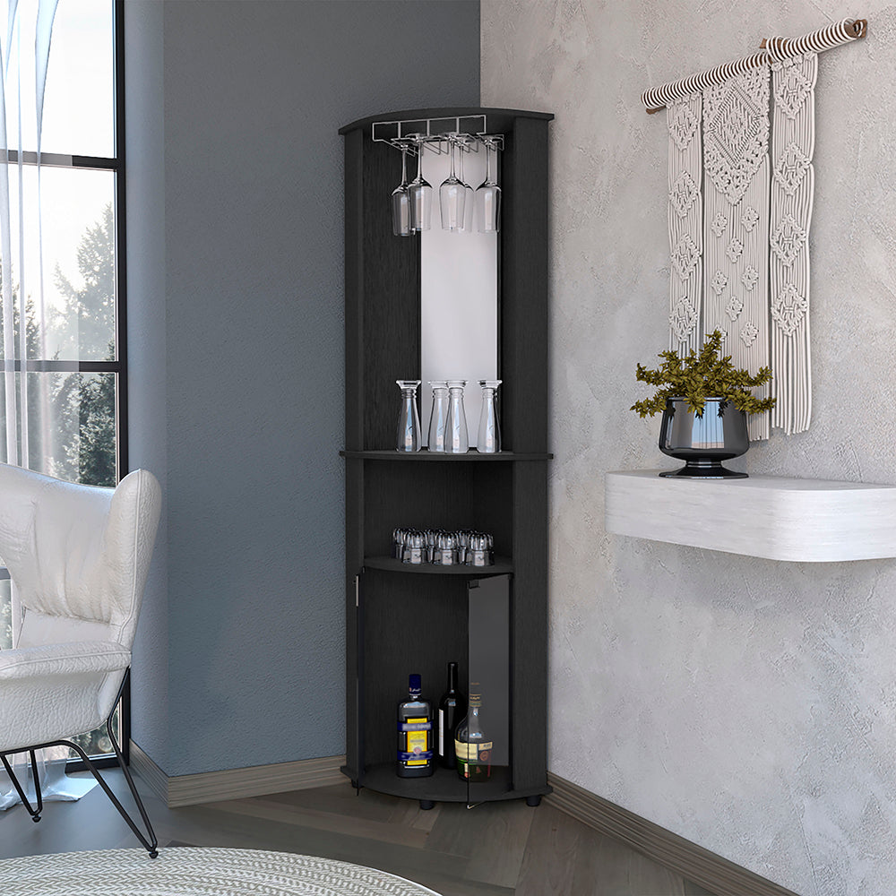 Dark wood corner bar cabinet with stemware rack glasses and bottles