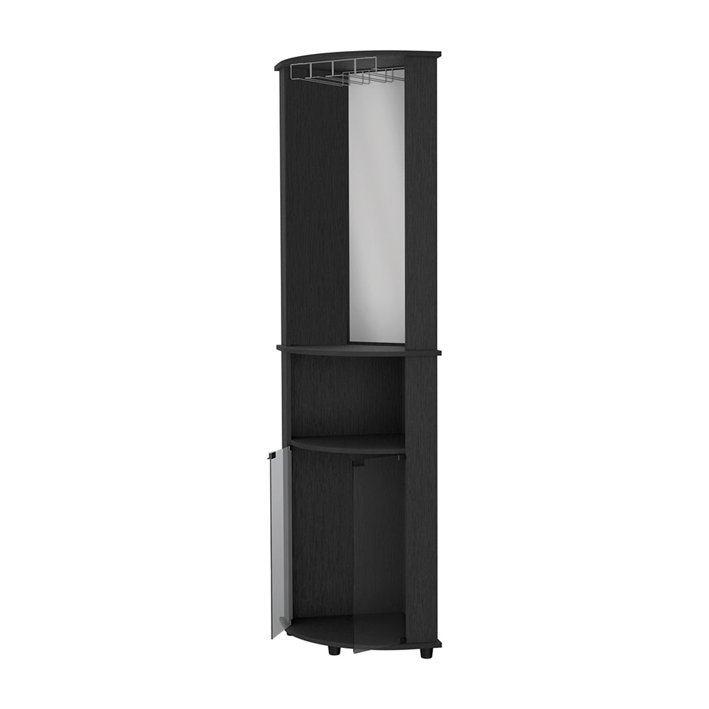 Black corner bar cabinet with glass door and wine glass rack