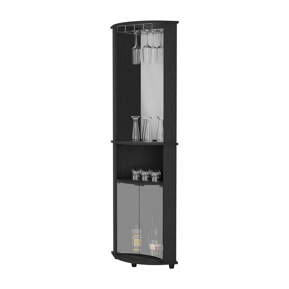 Dark wood corner bar cabinet with glass rack and shelves