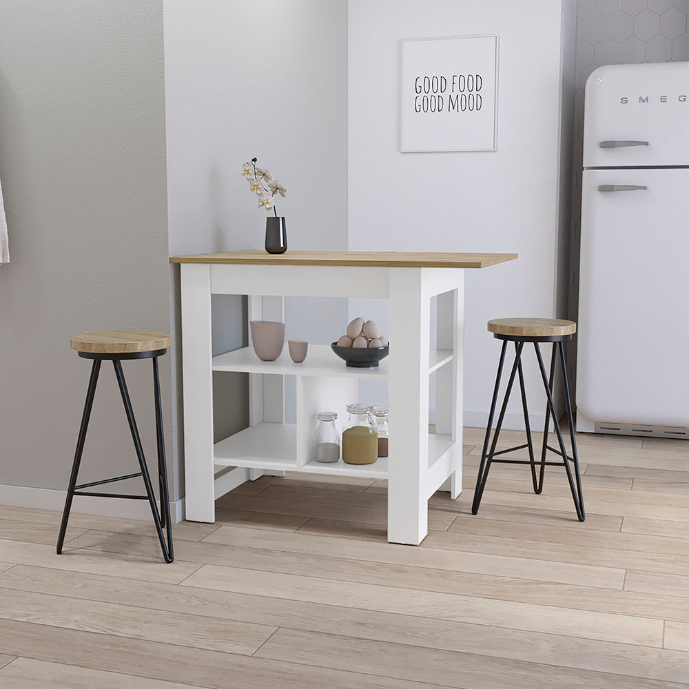Modern white kitchen island with natural wood top and storage shelves