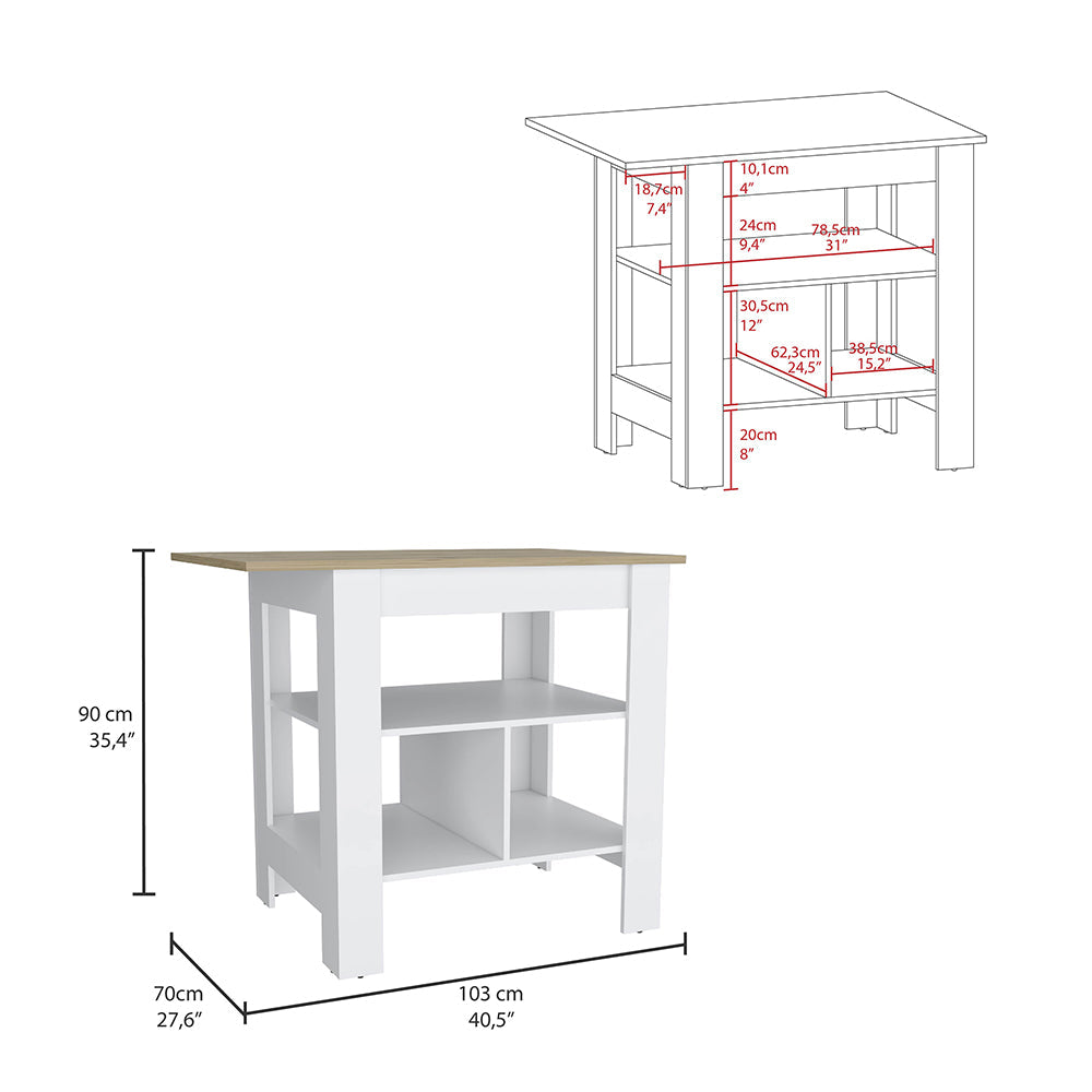 White and oak kitchen island with two open shelves
