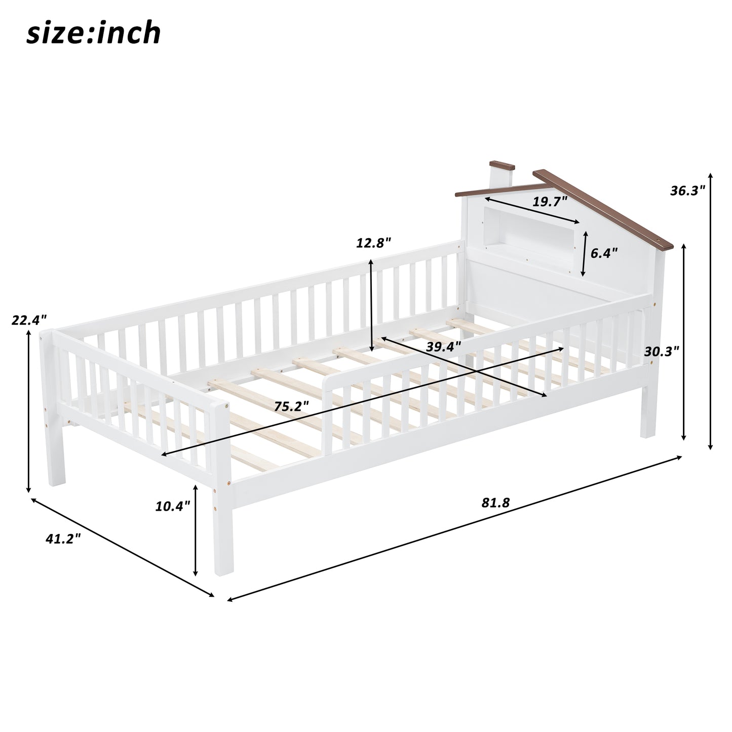 White wooden toddler bed with a houseshaped headboard and slatted side rails
