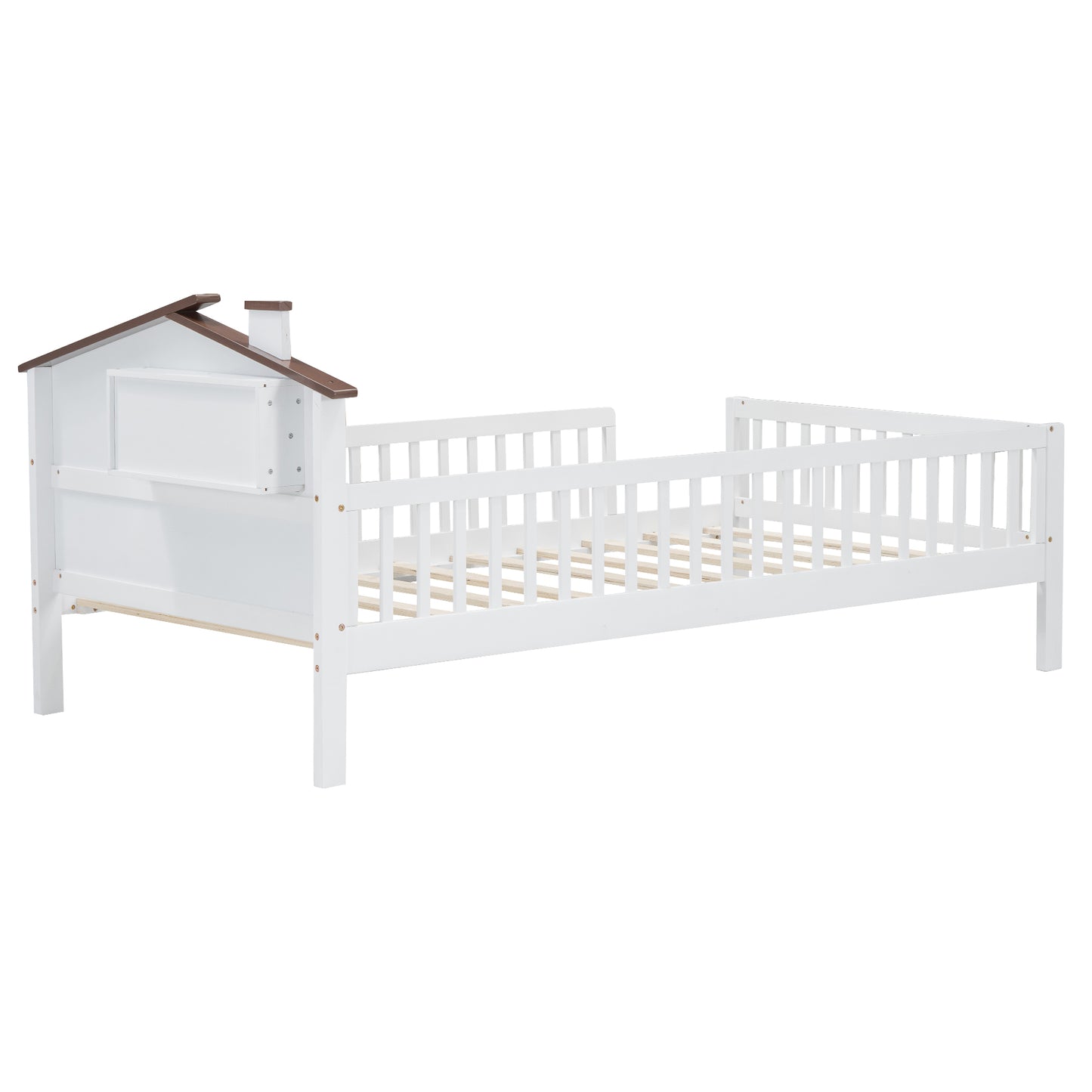 White wooden toddler bed with houseshaped headboard and railings