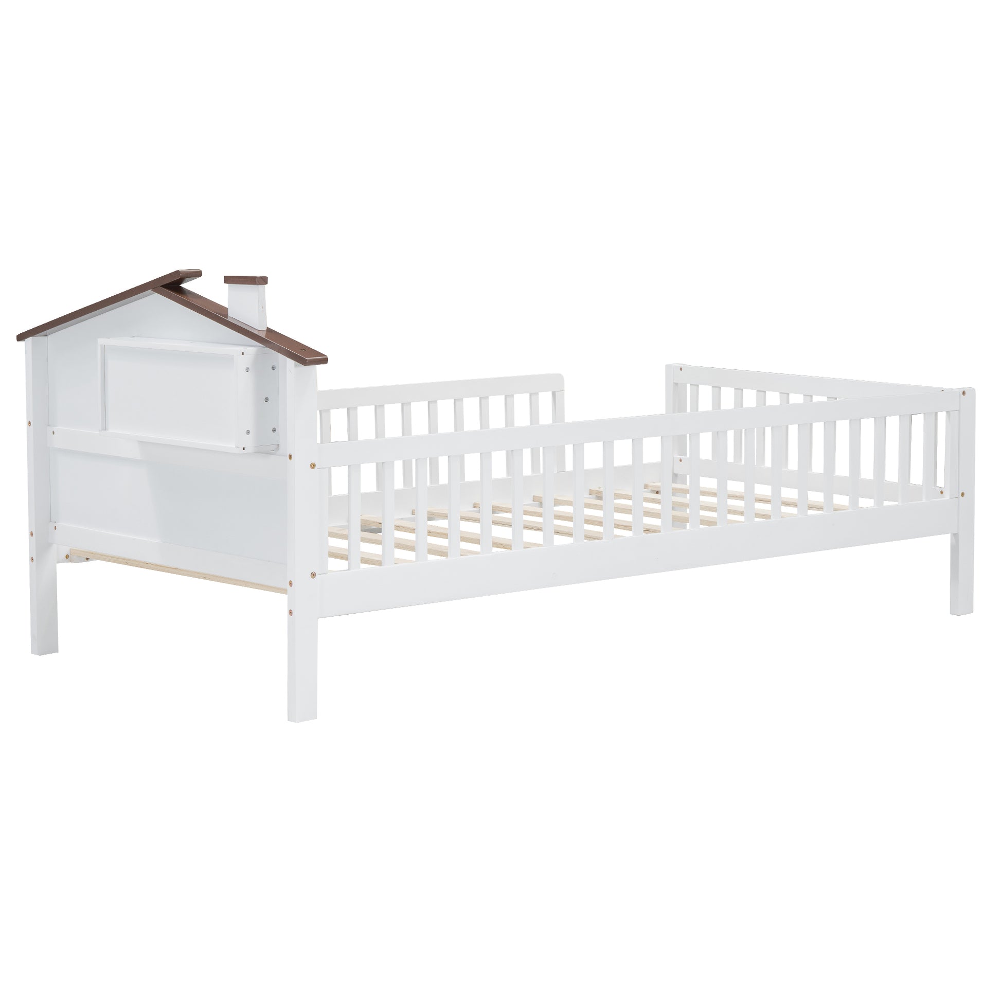 White wooden toddler bed with houseshaped headboard and railings