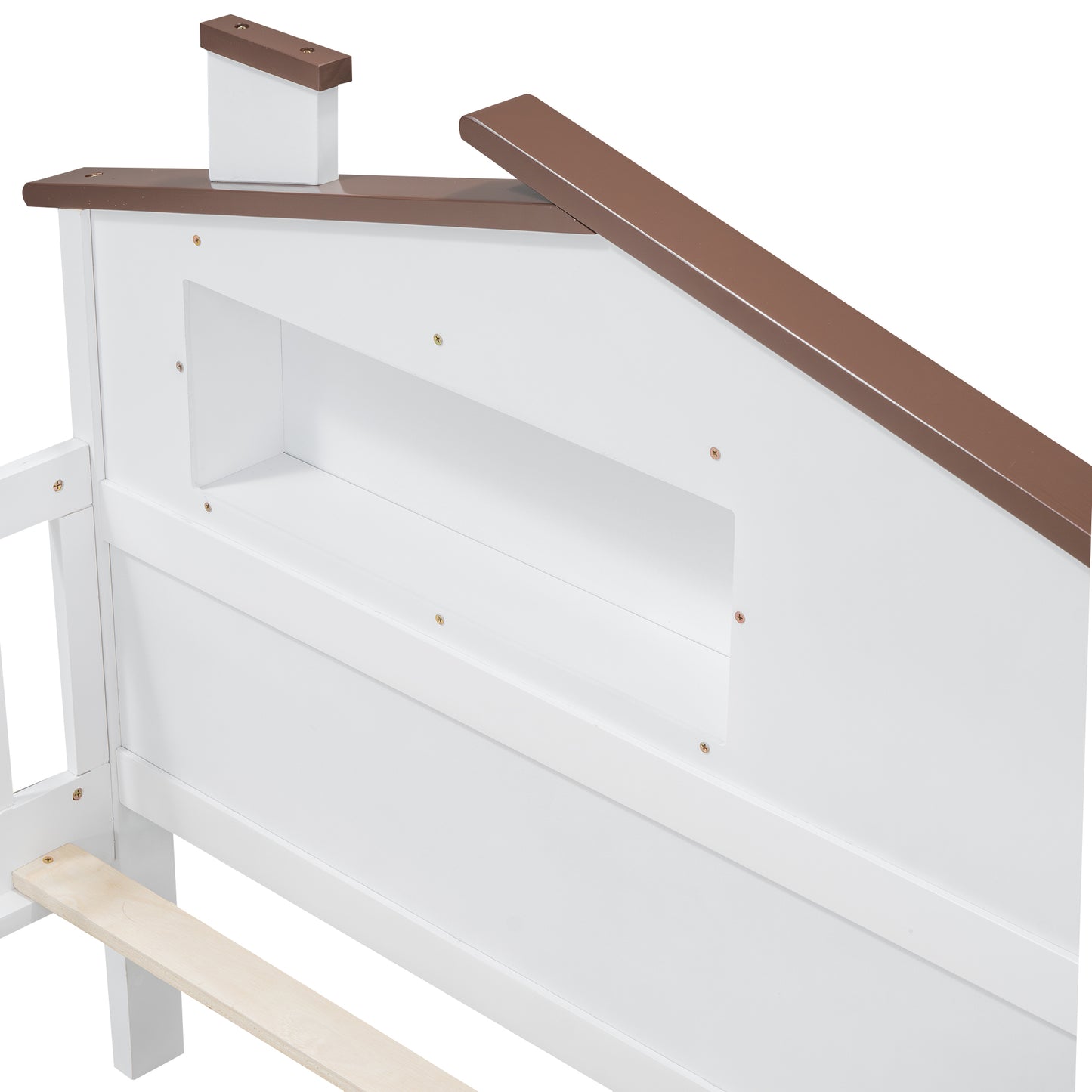 White wooden bed frame with brown trim detail