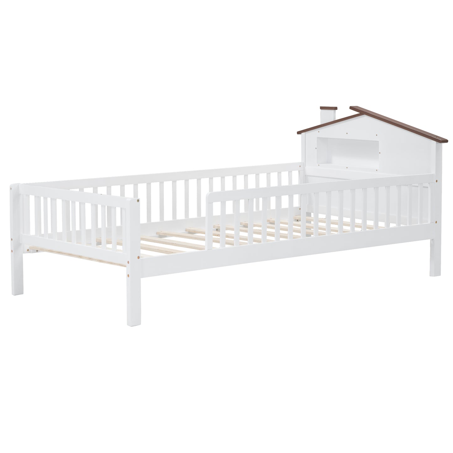 White wooden toddler bed with houseshaped headboard and guardrail
