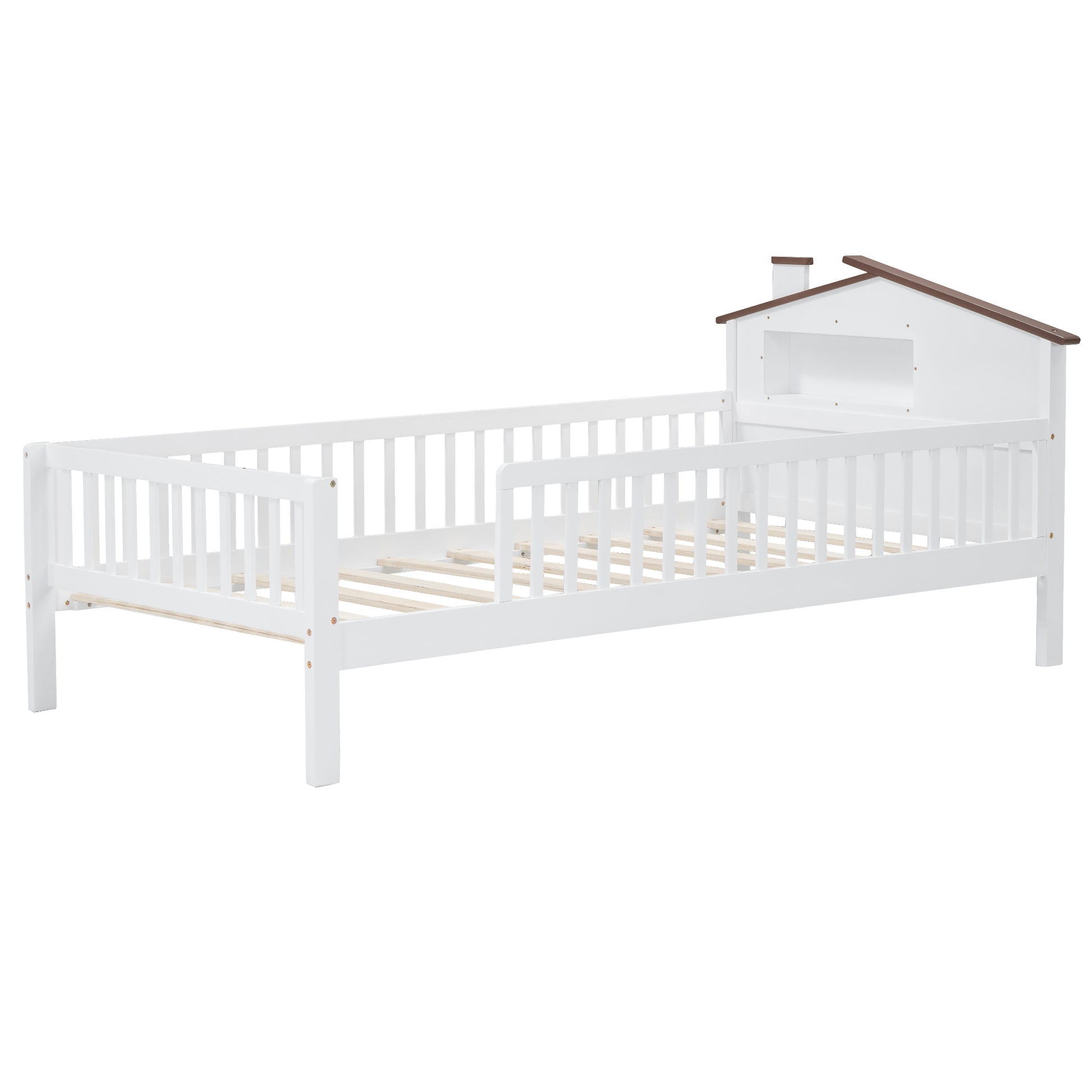 White wooden toddler bed with houseshaped headboard and guardrail