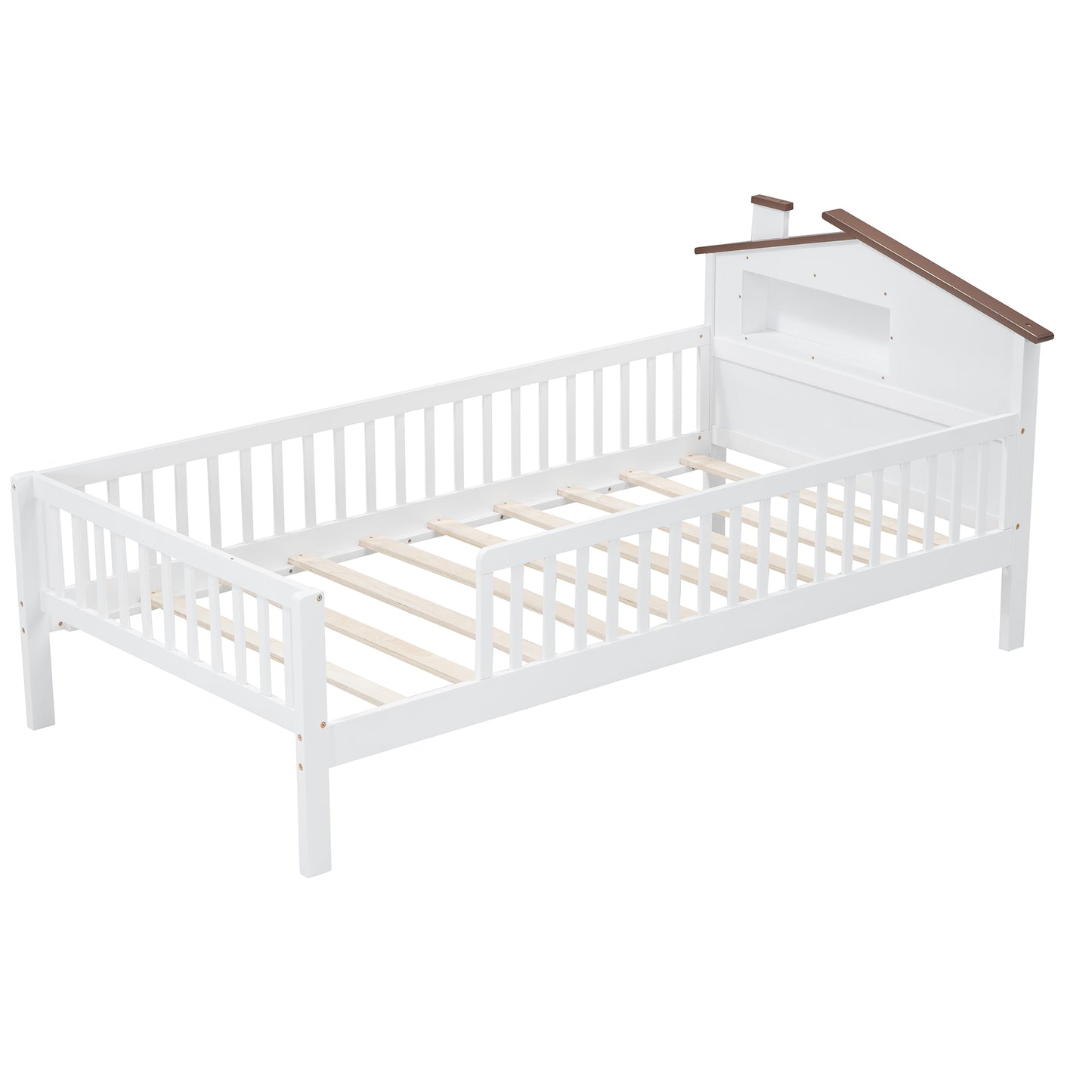 White wooden toddler bed with a pitched roof headboard and side rails