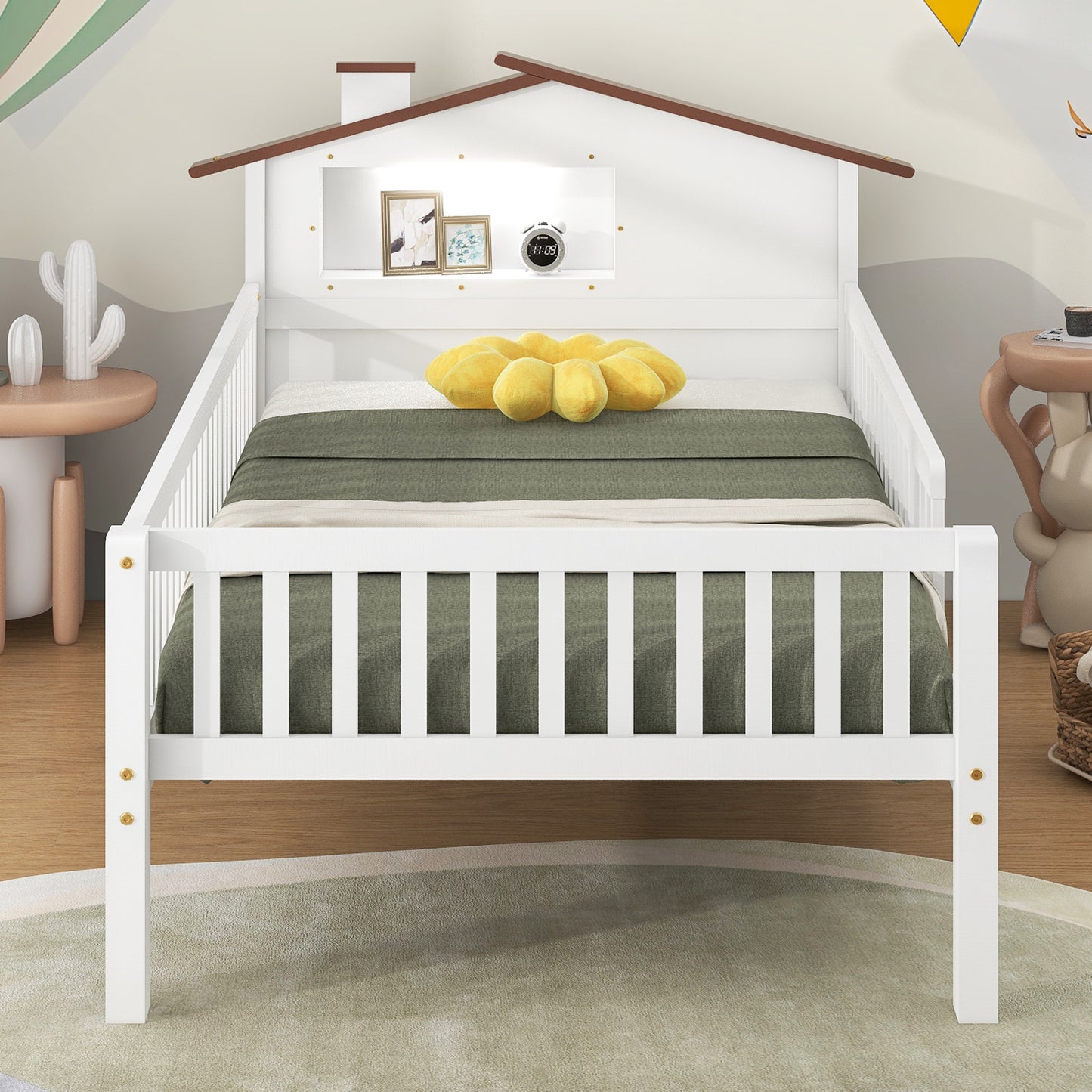 White wooden twin bed with houseshaped headboard
