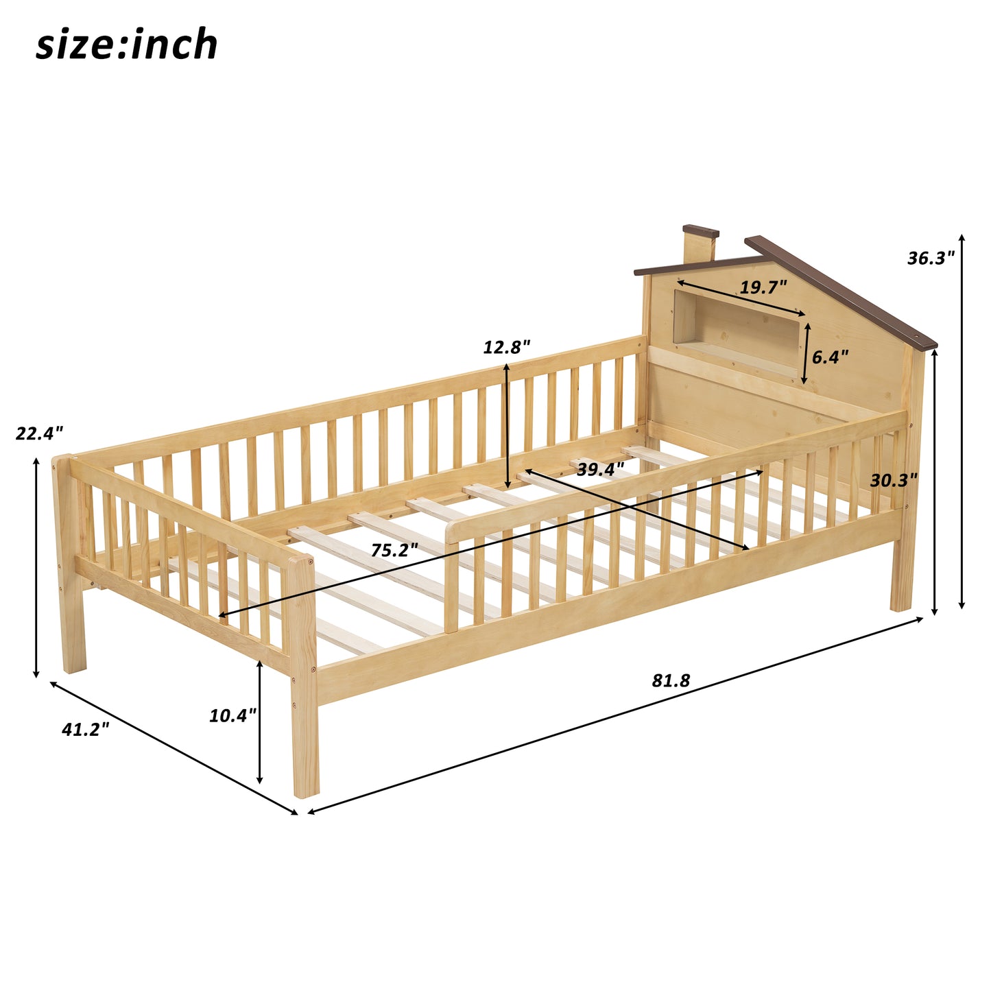 Natural wood toddler bed with houseshaped headboard and side rails