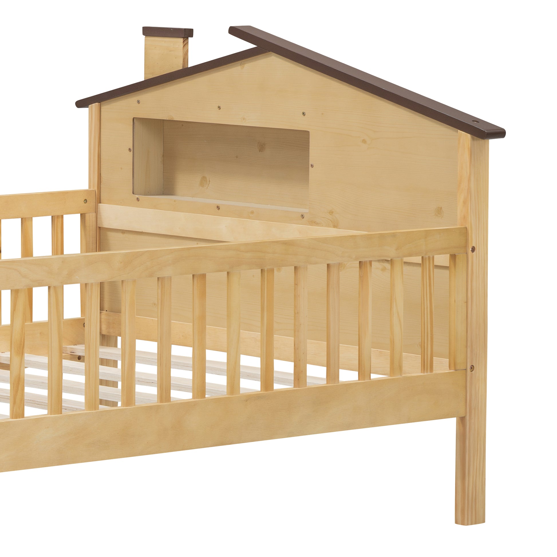 Natural wood toddler bed with houseshaped headboard and safety rails
