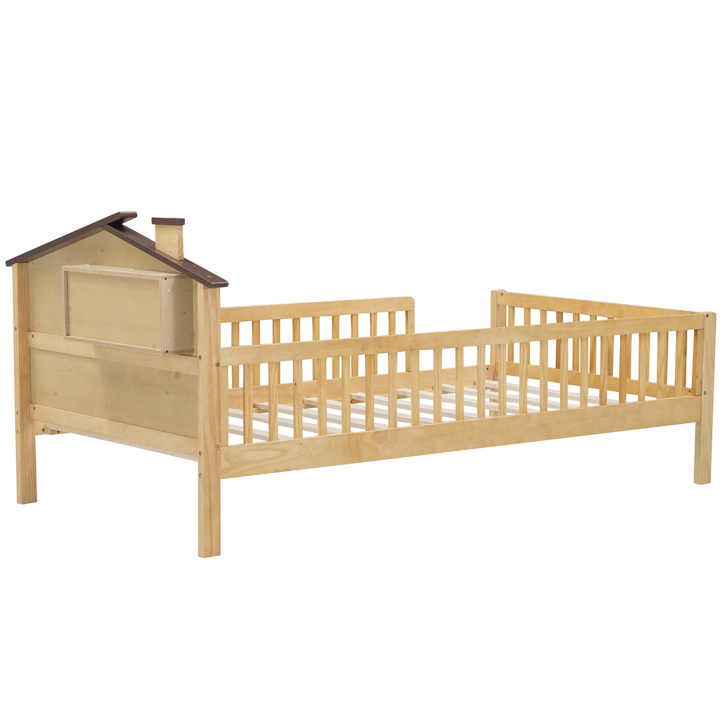 Wooden toddler bed with houseshaped headboard and guardrails