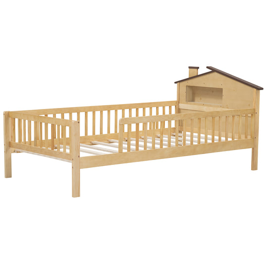 Natural wood toddler bed with houseshaped headboard and safety rails