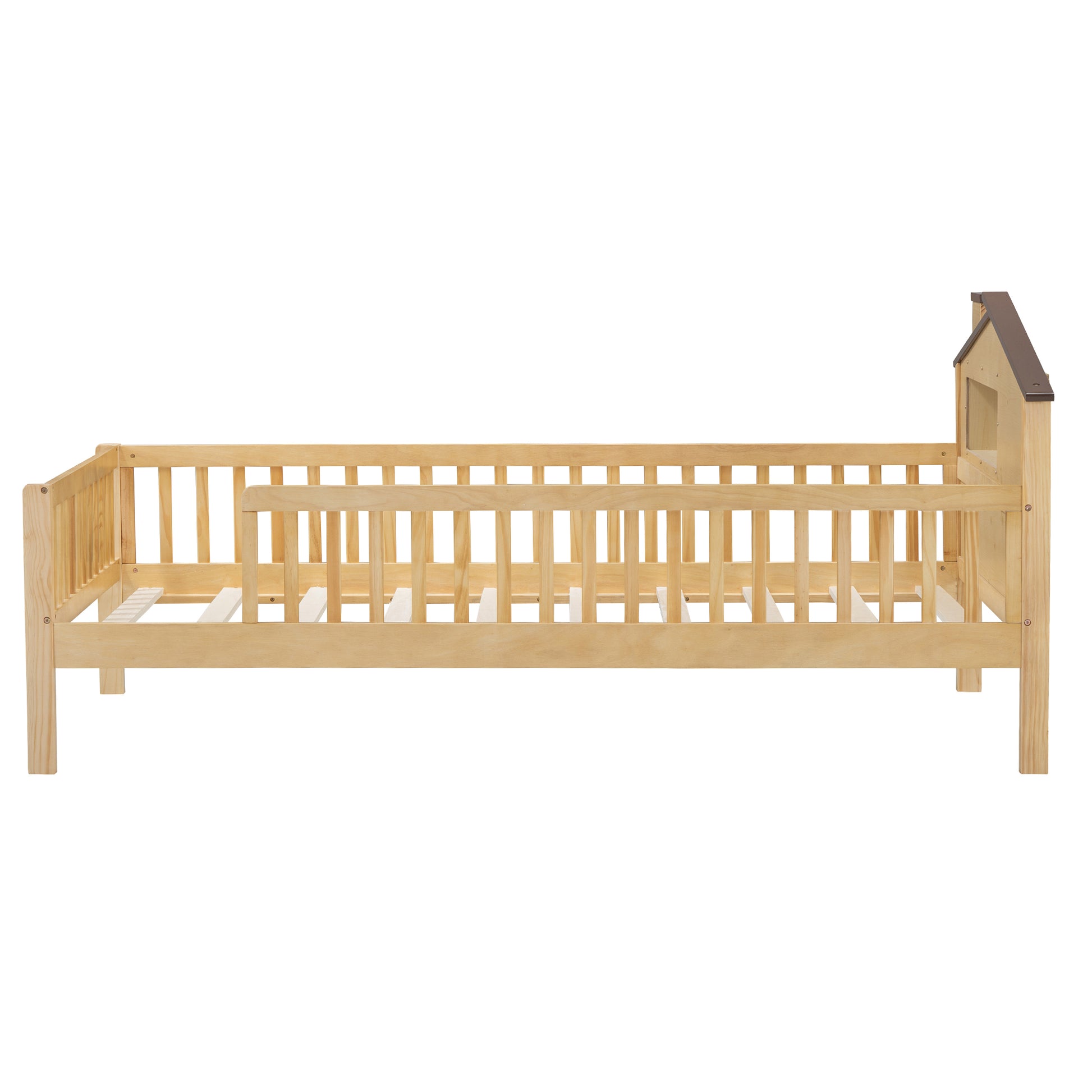 Natural wood toddler bed with safety rails and a charming houseshaped headboard