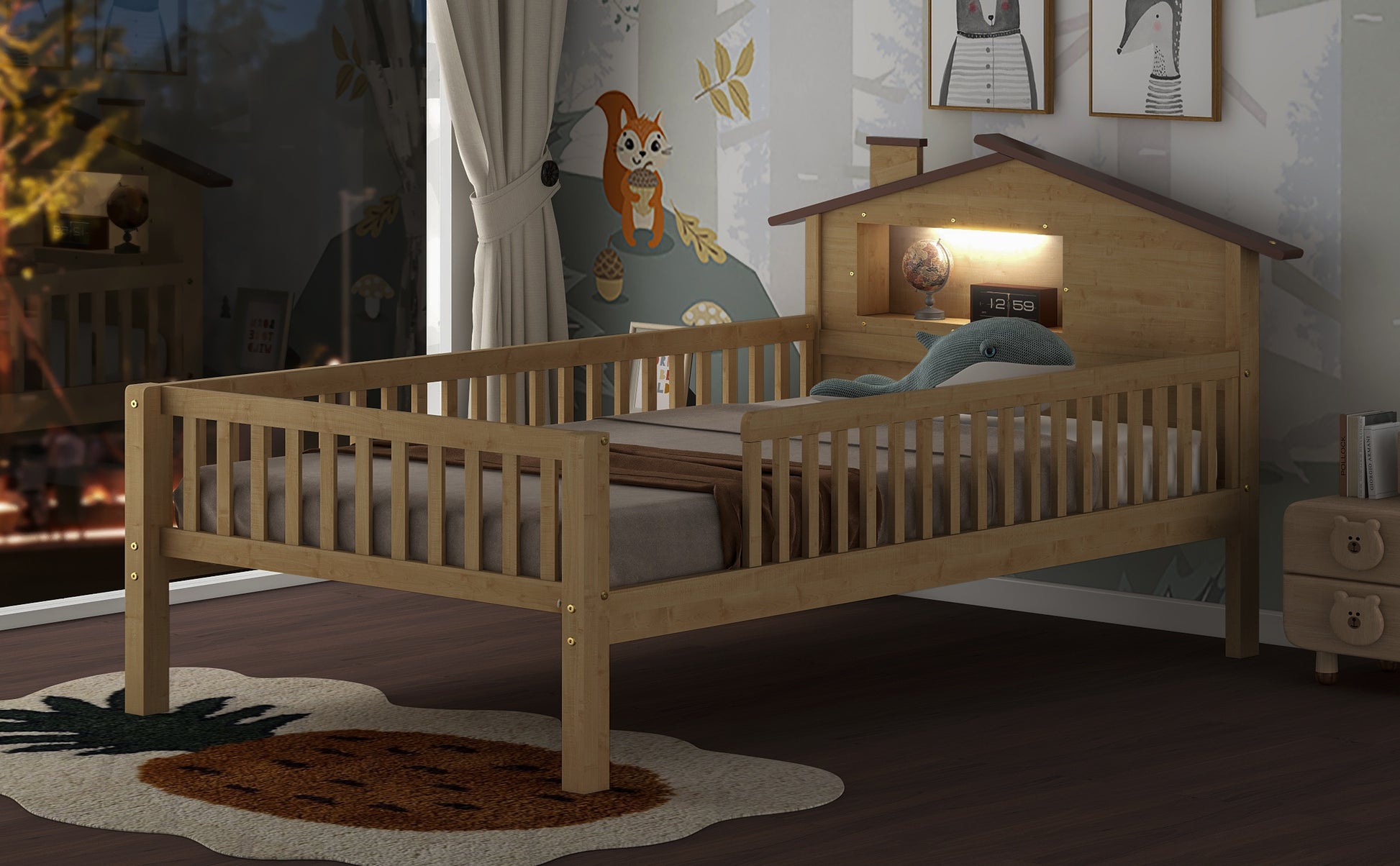 Natural wood toddler bed with houseshaped headboard and attached shelf