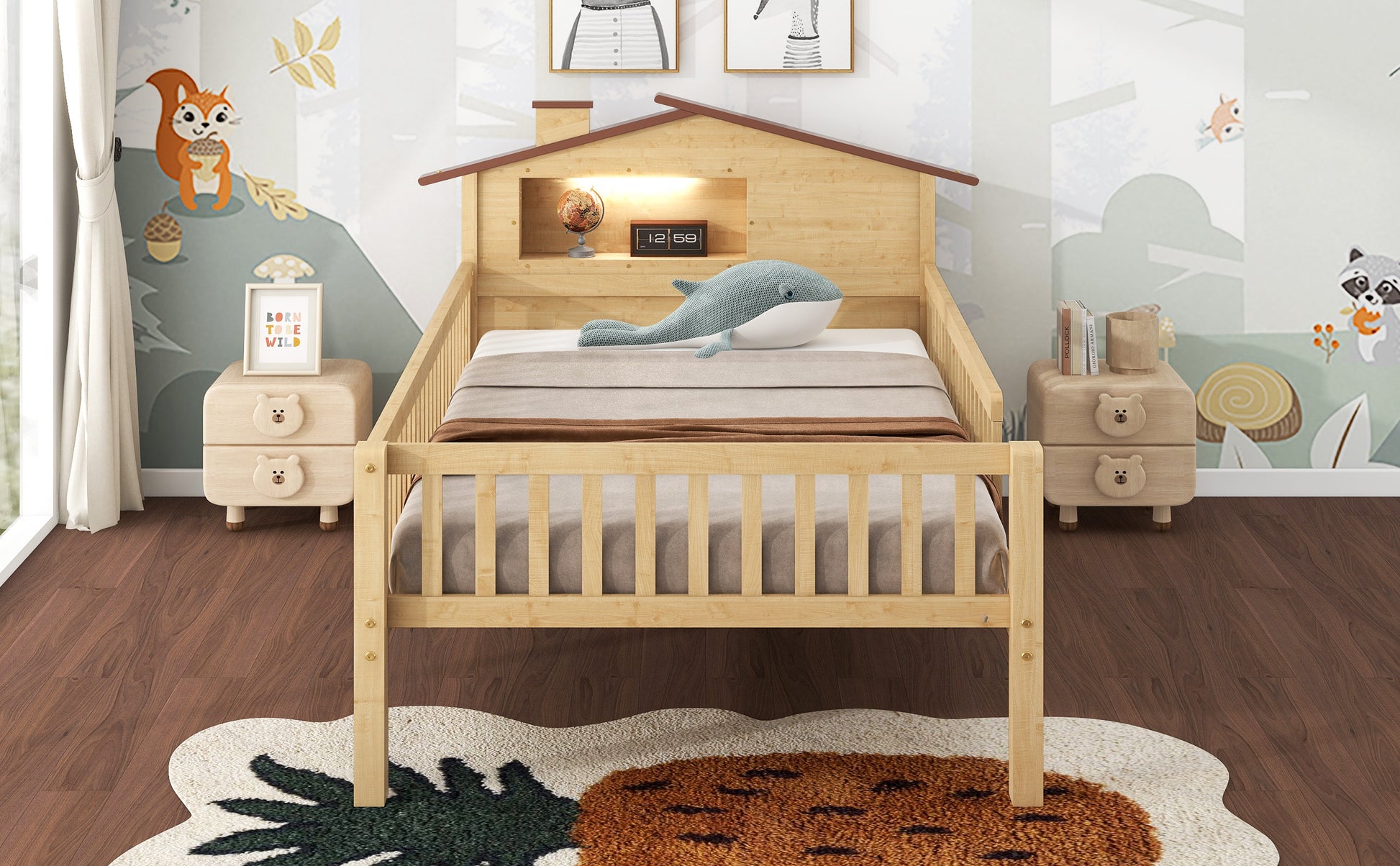 Natural wood twin bed frame with houseshaped headboard and builtin nightlight