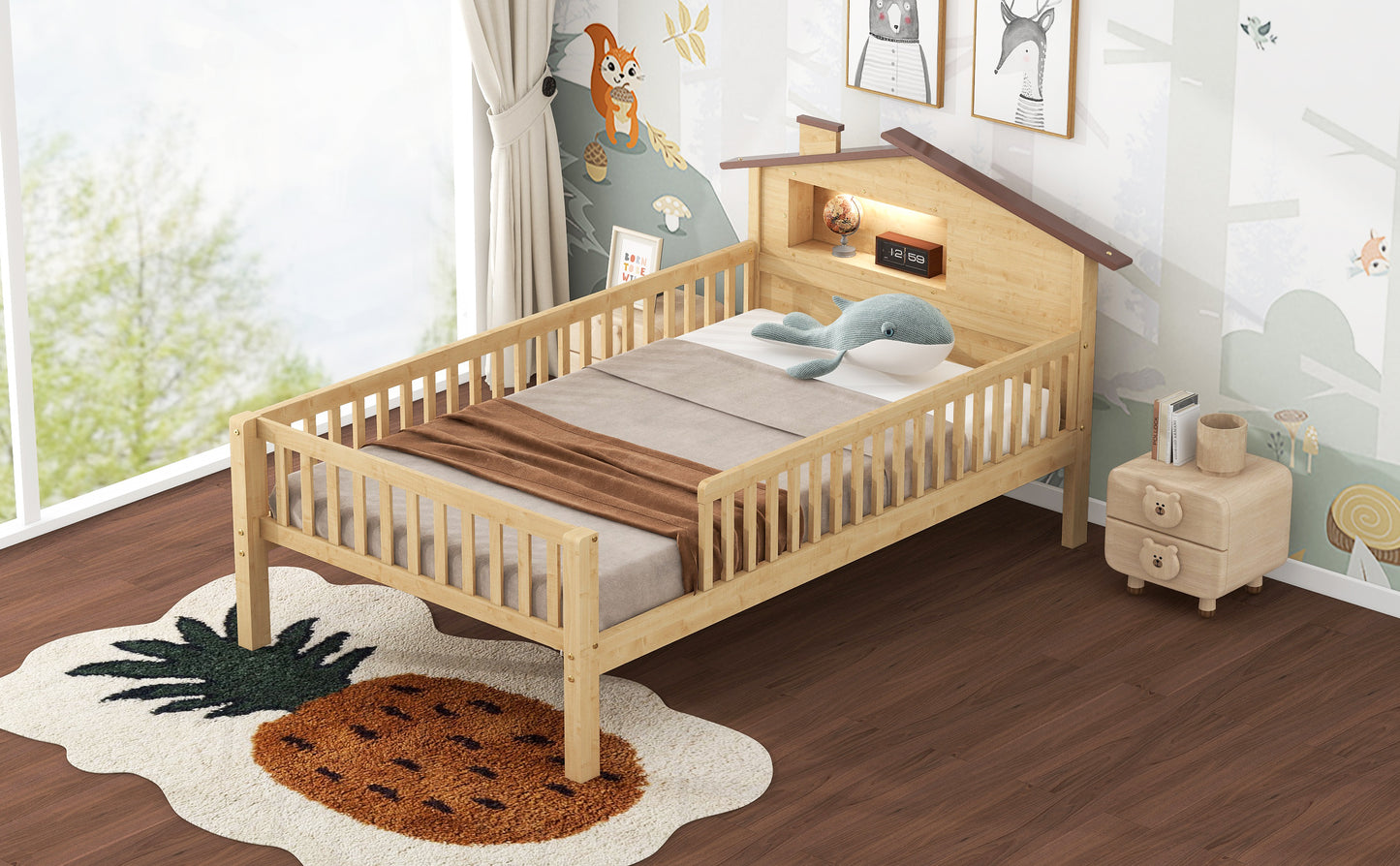 Natural wood toddler bed with integrated storage shelf and protective rails