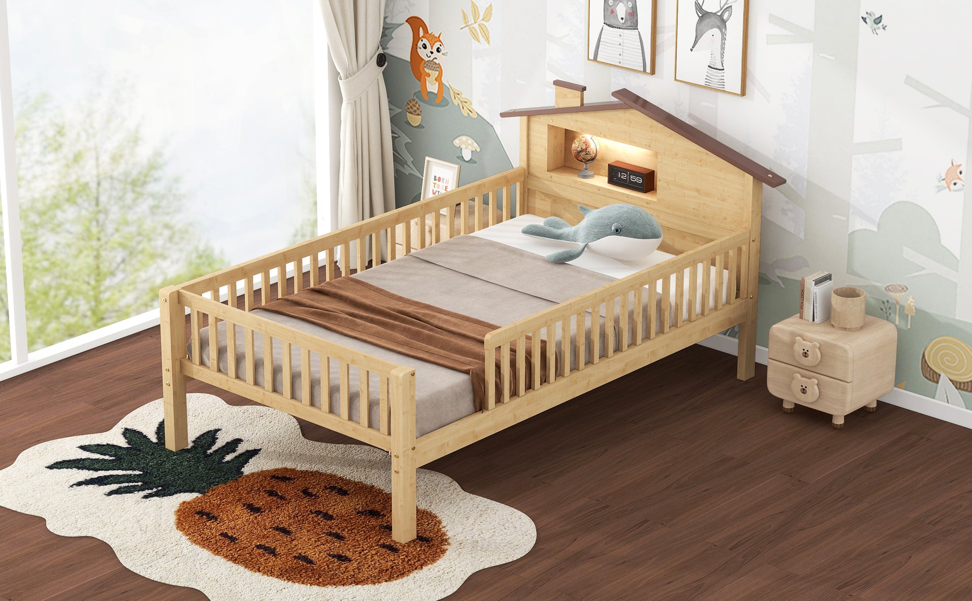 Natural wood toddler bed with integrated storage shelf and protective rails