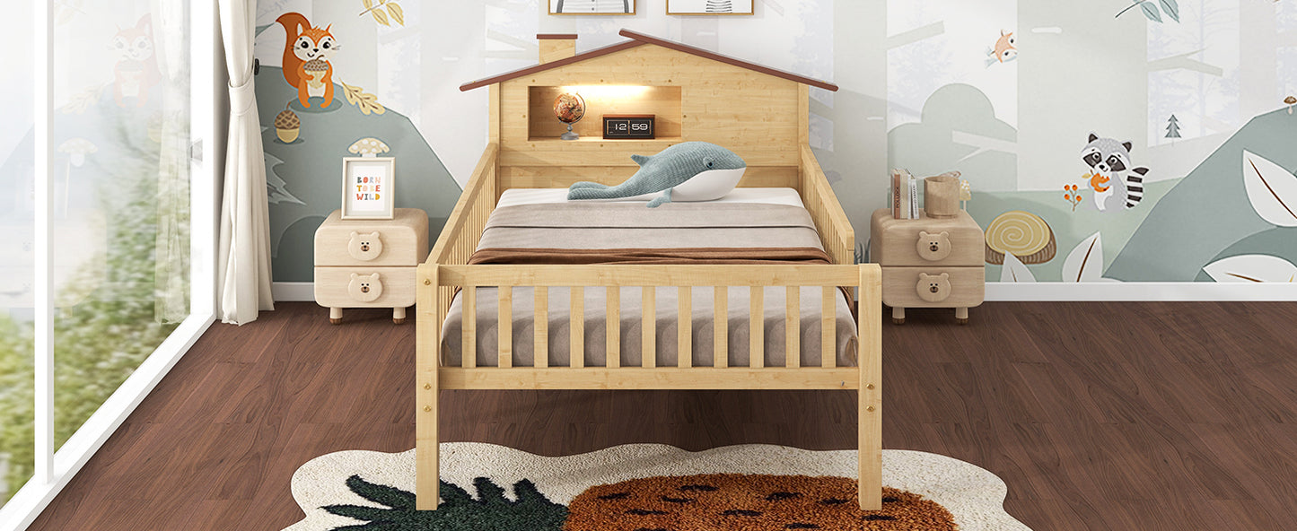 Wooden toddler bed with houseshaped headboard and guardrail