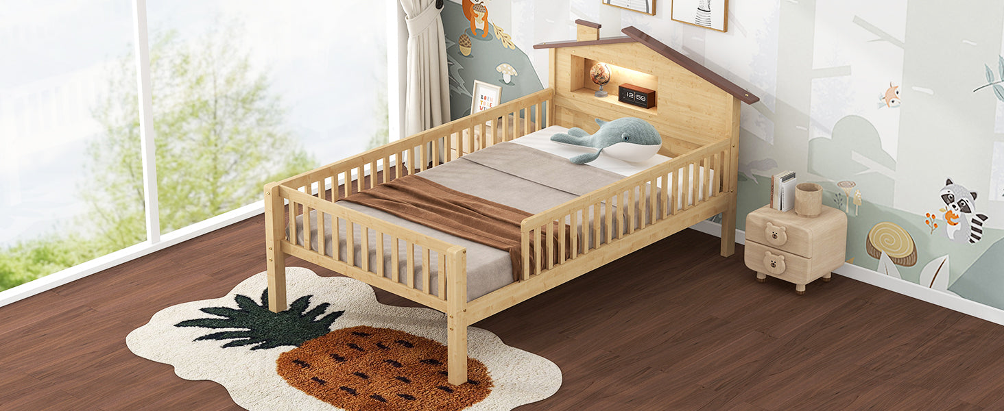 Natural wood toddler bed with guardrails and houseshaped headboard