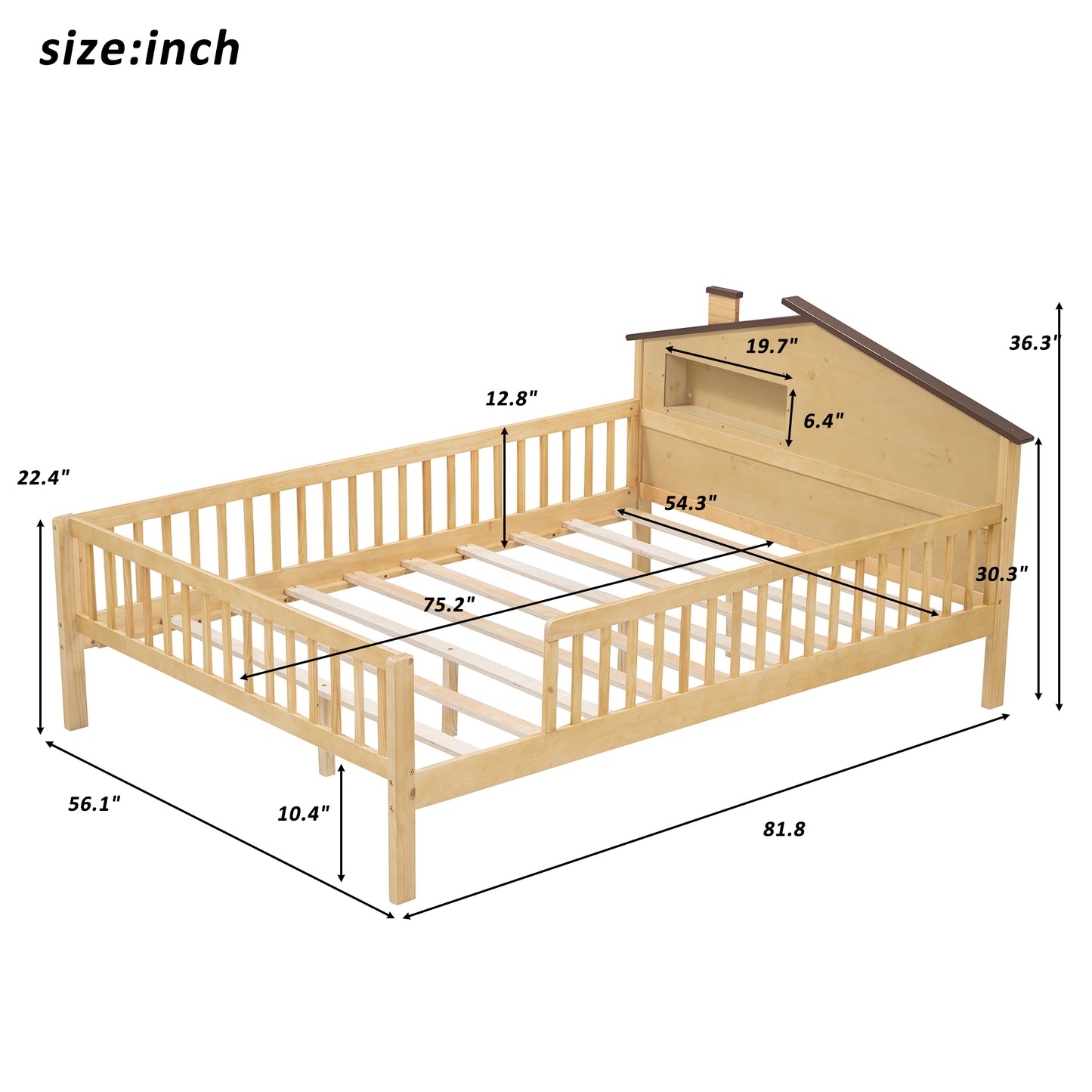 Natural wood toddler bed with houseshaped headboard