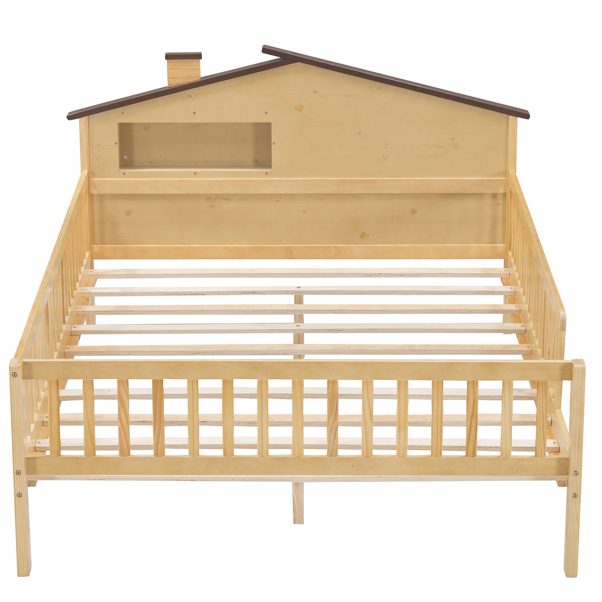 Natural wood toddler bed with houseshaped headboard and chimney