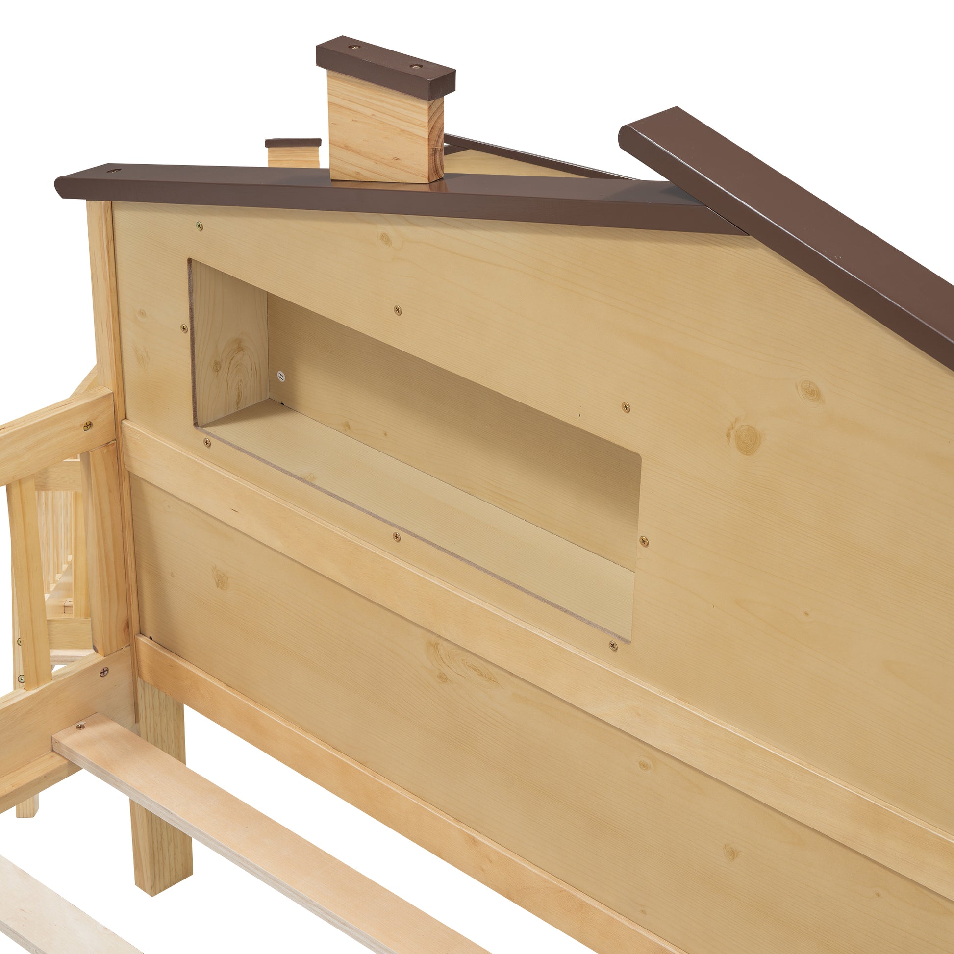 Natural pine wood bed frame with brown trim and an open shelf cubby