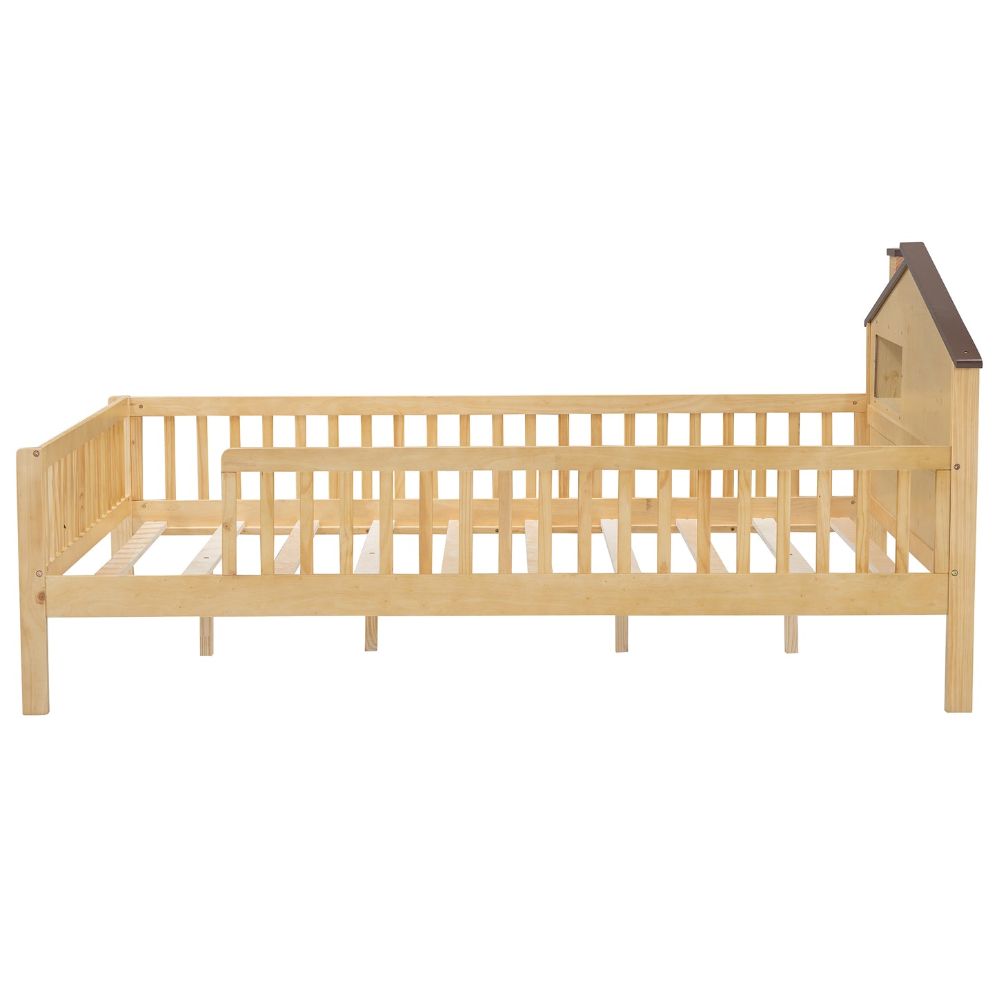 Natural wood toddler bed frame with protective rails and a small houseshaped headboard