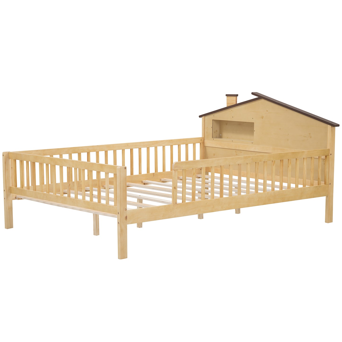 Natural wood toddler bed frame with chimney roof detail and safety rails