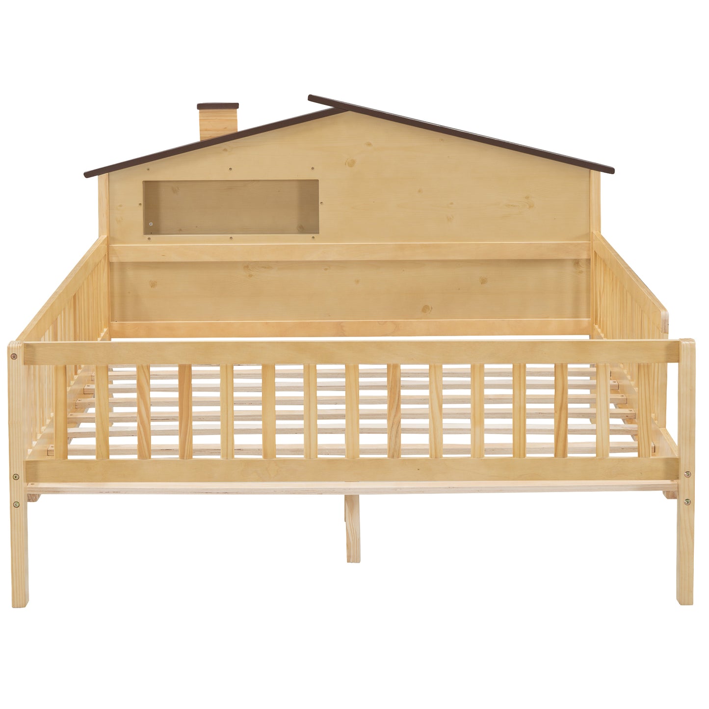 Natural wood childrens bed with houseshaped headboard and chimney perfect for toddler rooms