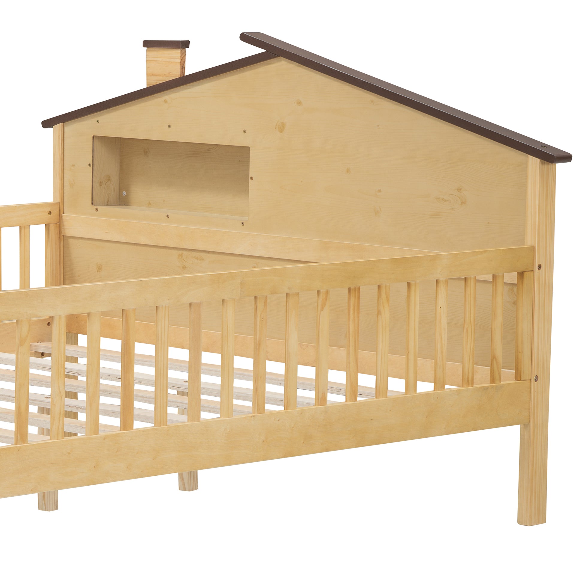 Wooden kids bed frame with house roof design and safety rails
