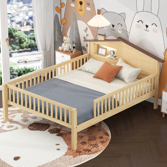 Natural wood toddler bed with safety rails and whimsical wall art
