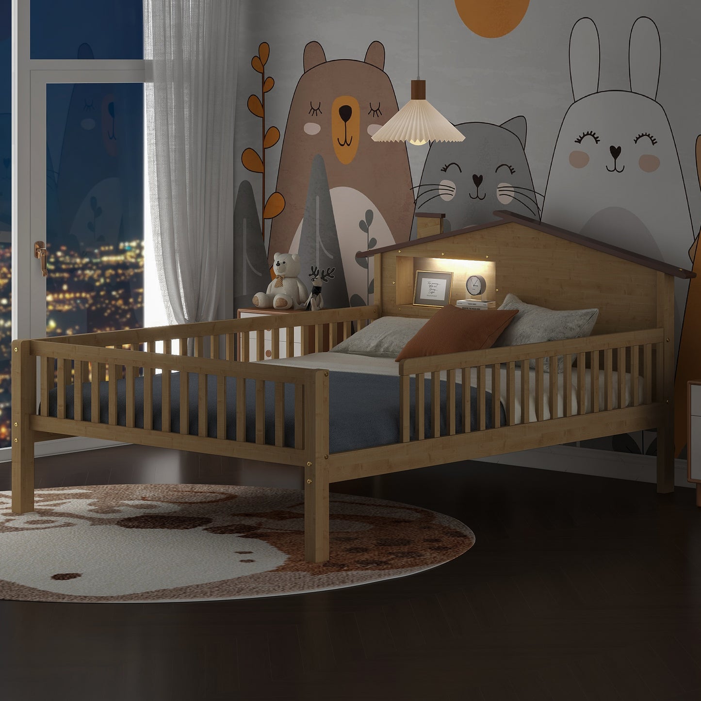 Wooden toddler bed with guardrails and builtin bookshelf with light