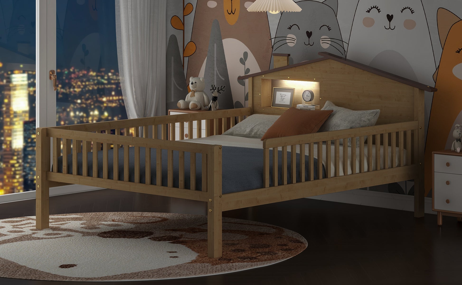 Wooden toddler bed with houseshaped headboard and builtin night light