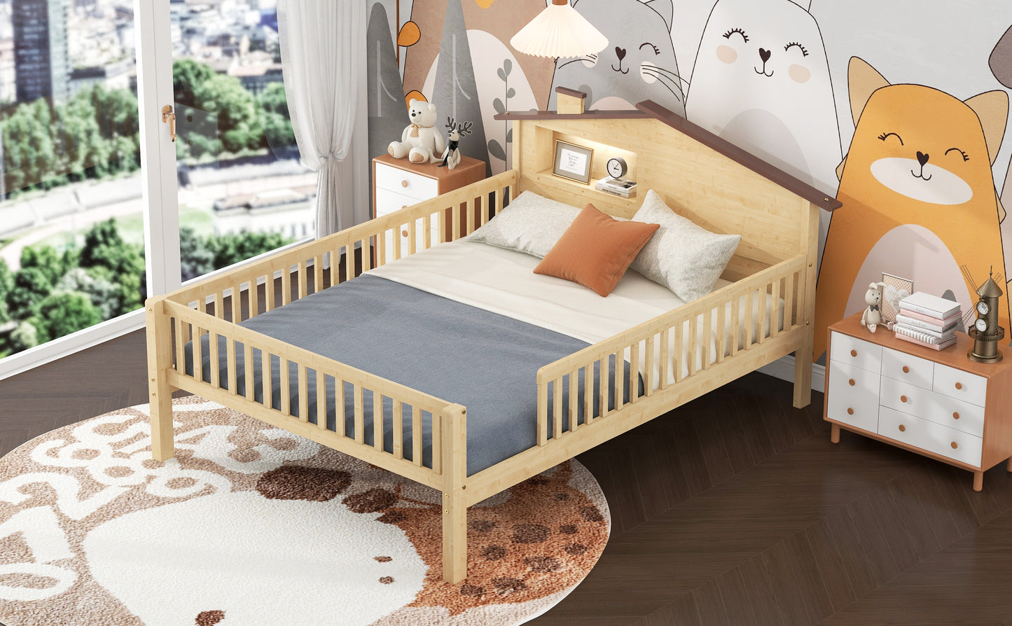 Solid wood toddler bed with protective rails featuring a natural finish and integrated headboard shelf for nursery storage