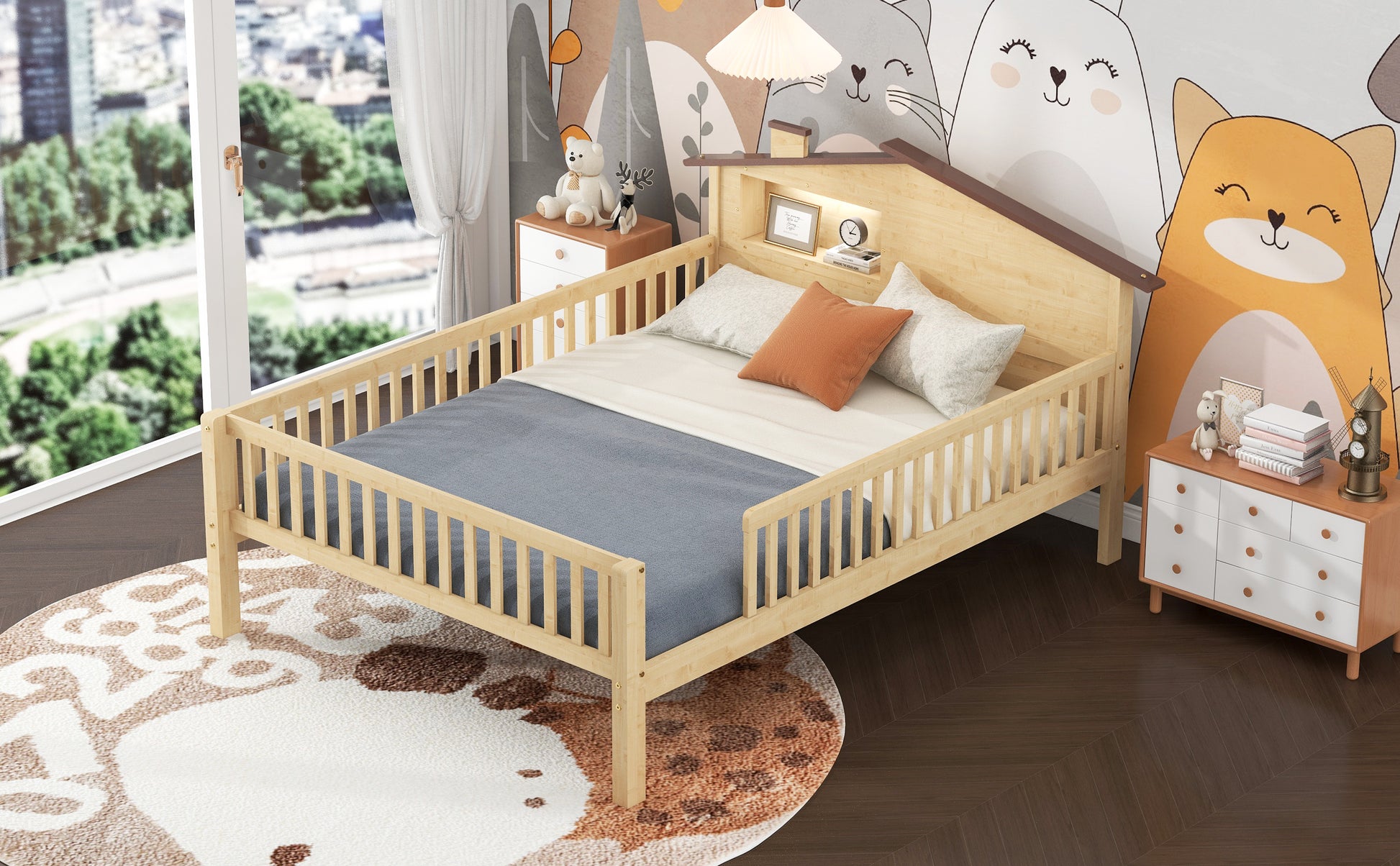 Solid wood toddler bed with protective rails featuring a natural finish and integrated headboard shelf for nursery storage